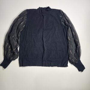 CeCe Black & Gold Sheer Balloon Sleeve Top - S - Coquette Aesthetic Mock Neck